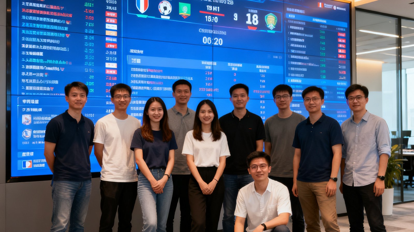 11人足球网团队在深圳科技园办公室的合影，背景是一面巨大的实时数据监控大屏，显示着全球各联赛的实时比分和数据流，团队成员有男有女，穿着休闲但专业。